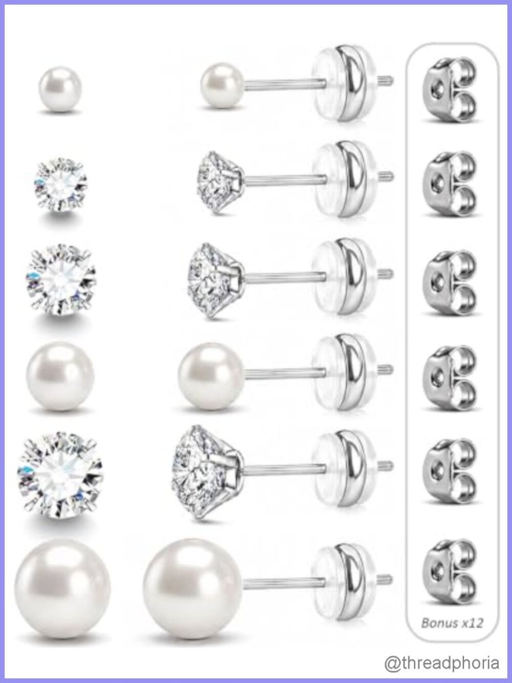 6 Pairs CZ Pearl Stud Earrings Set Silicone Disc Backs Stainless Steel
